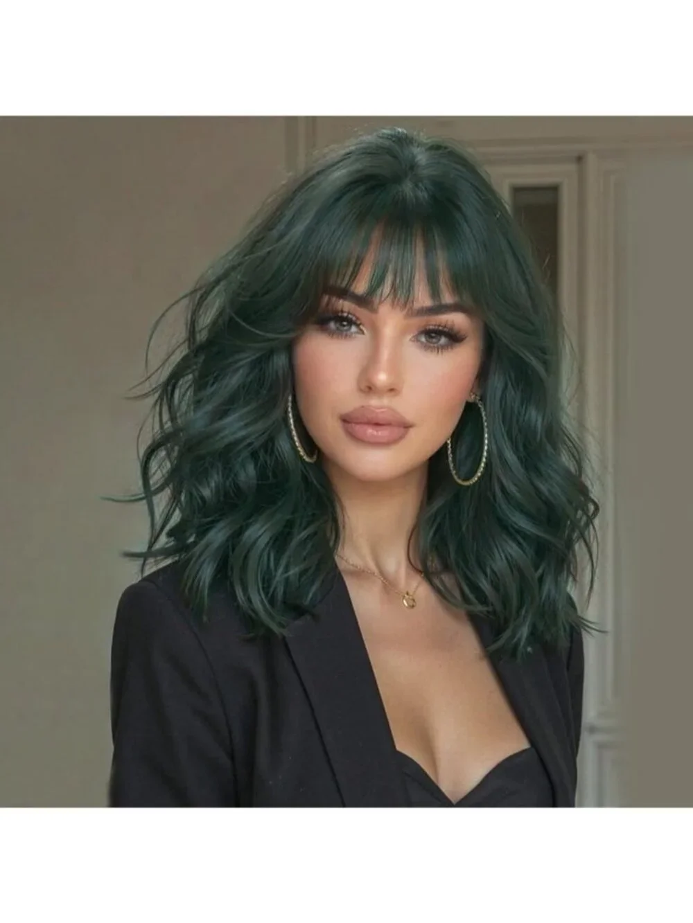 Women's Dark Green 16 Inch Wavy Wig Bangs Shoulder Length Synthetic Hair